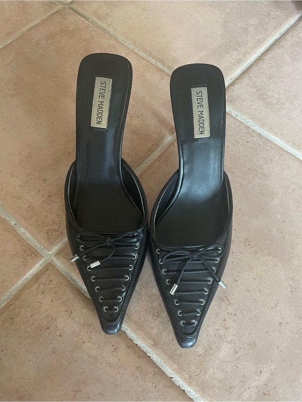 Steve Madden Black Lace-Up Pointed Toe Mule Slides